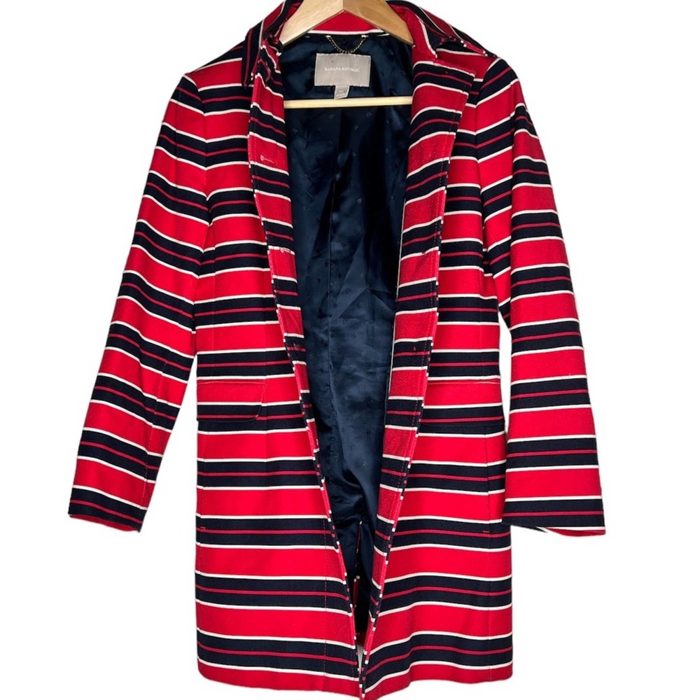 Banana Republic Pea Coat Red and Blue Pinstripe Nautical Long Coat Size XS